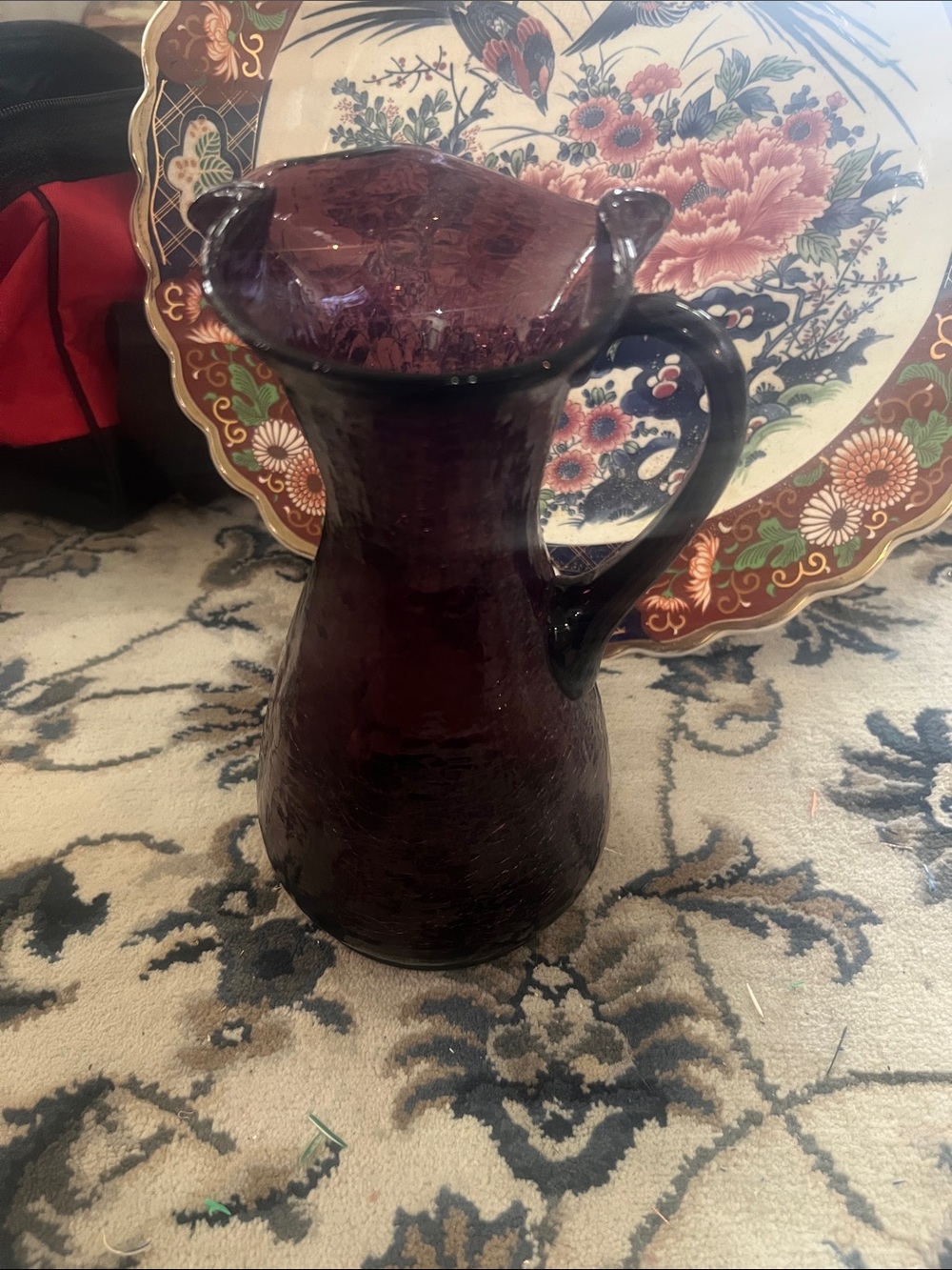 Blenko Purple Amethyst Crackle Glass Water Pitcher Vase 9”" Tall Vtg Mid Century
